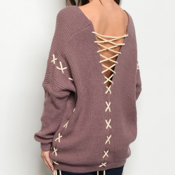 GIRLY & FLIRTY LACE UP MAUVE TUNIC SWEATER - Picture 5 of 8